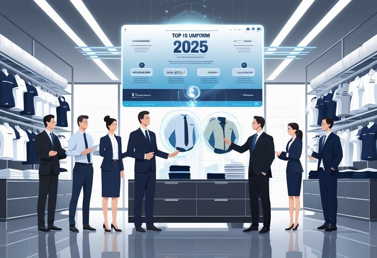 A modern office scene showing business professionals examining futuristic uniform designs displayed on holograms and mannequins.