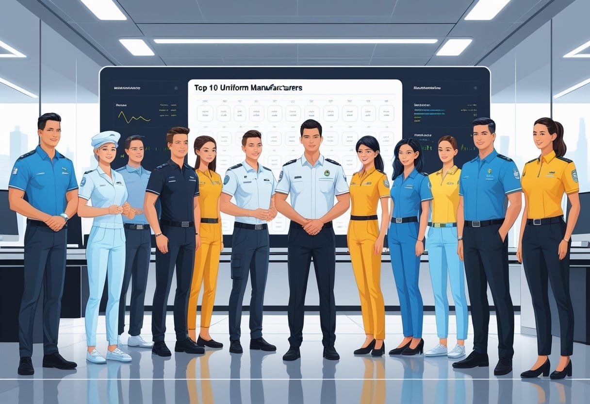 A group of diverse professionals wearing different modern uniforms in a futuristic office setting, representing top uniform manufacturers.