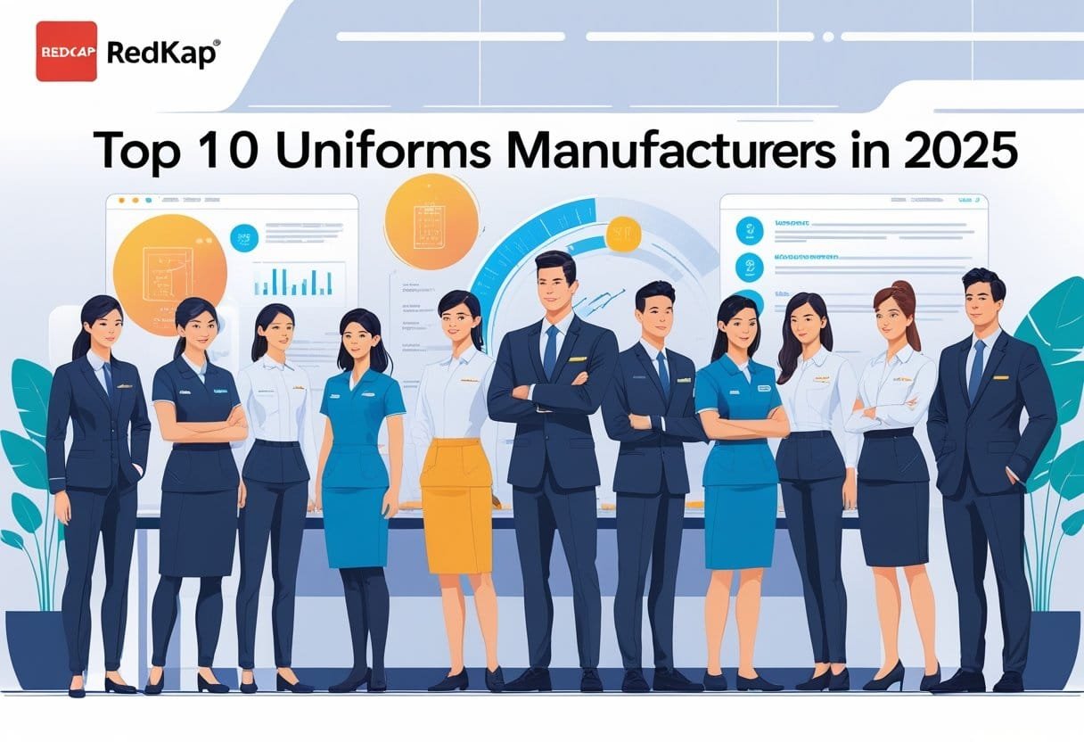 A group of diverse professionals wearing various high-quality uniforms in a modern office setting with digital displays in the background.