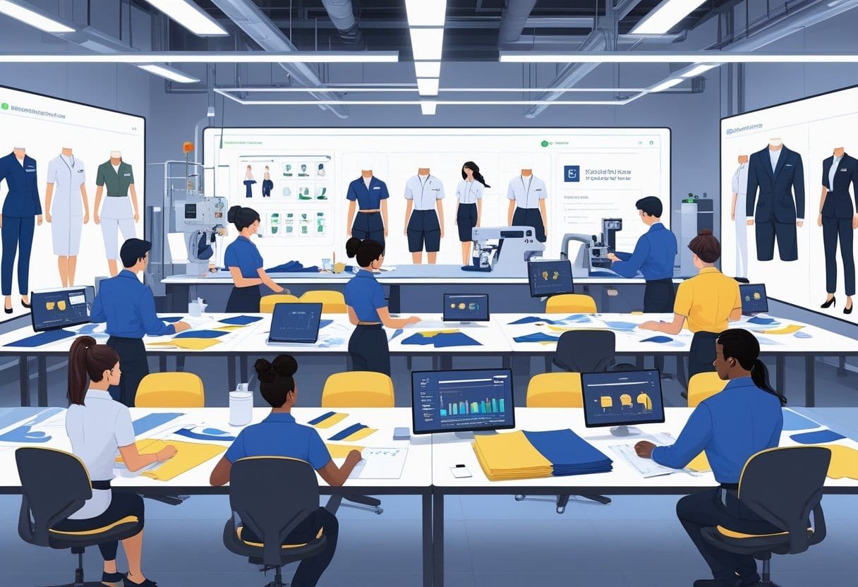 A group of workers and designers collaborating in a bright workshop with mannequins displaying various uniforms and advanced tools around them.