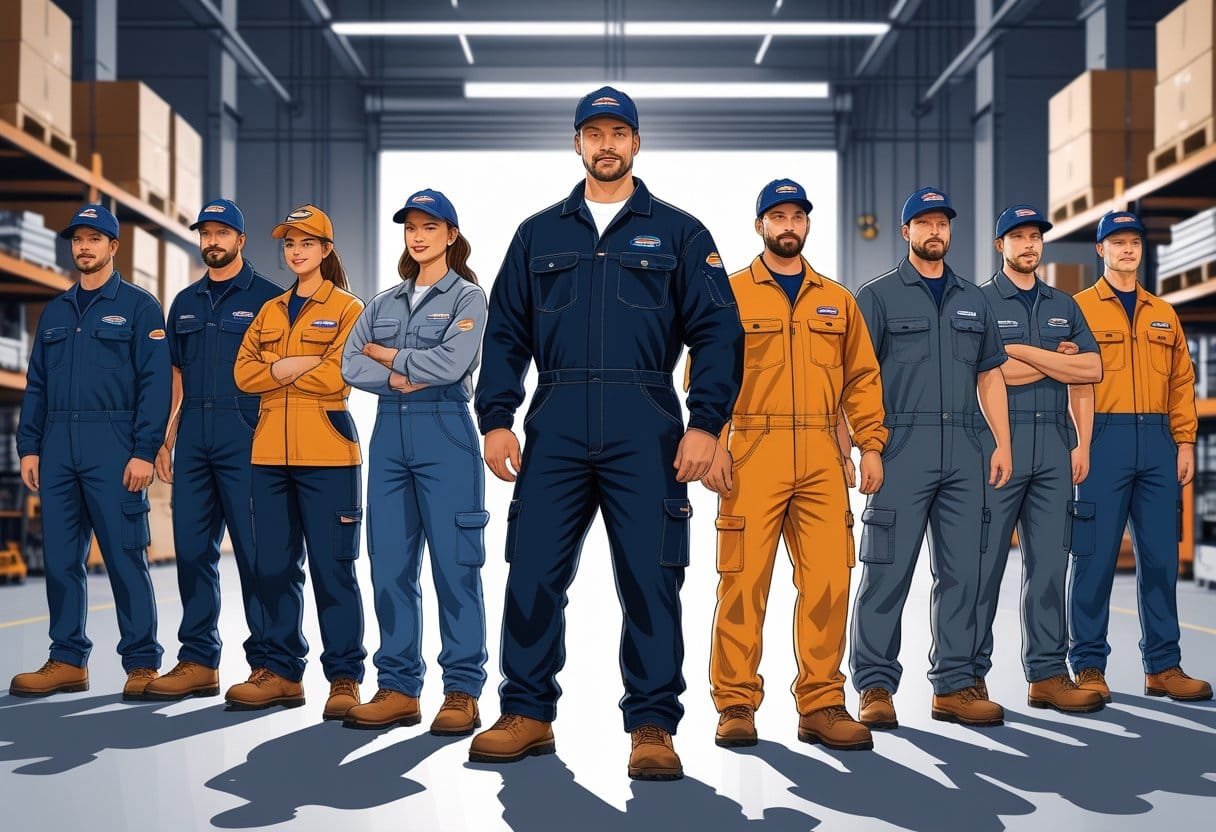 A group of workers wearing different Dickies workwear uniforms standing together in an industrial setting with tools and machinery around them.
