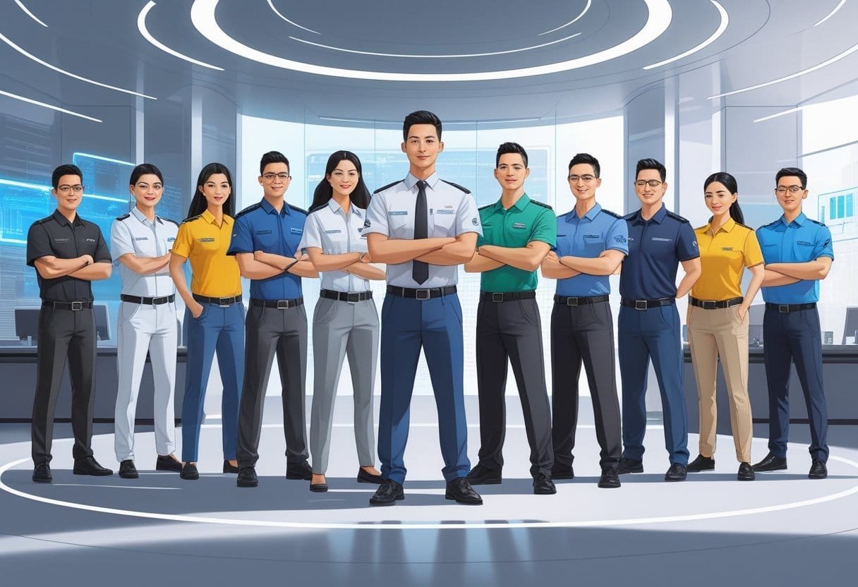 Ten diverse professionals wearing different uniforms stand together in a modern office setting.