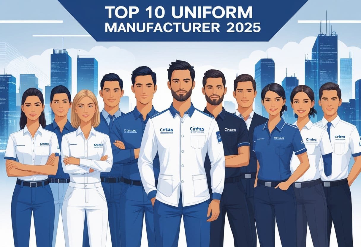 A group of diverse workers wearing different modern uniforms representing various industries, standing together in a cityscape background symbolizing top uniform manufacturers in 2025.