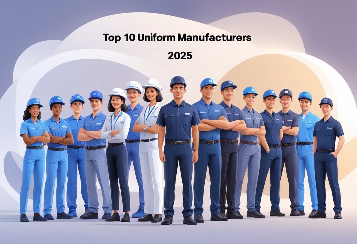 A group of diverse workers wearing modern uniforms from different industries standing together in a professional setting.