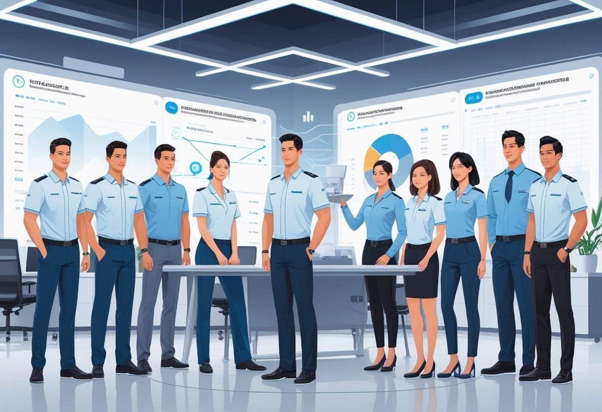 A group of diverse professionals wearing different modern uniforms in a sleek office environment with digital displays in the background.