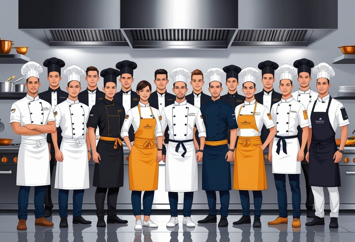 A group of chefs wearing different modern chef uniforms standing together in a professional kitchen.