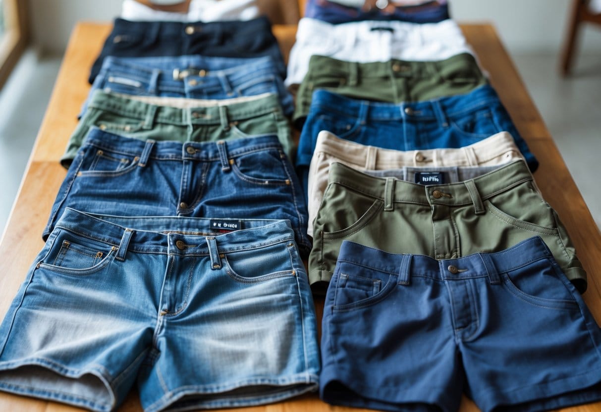 A variety of different types of shorts arranged neatly on a wooden table, including denim, cargo, athletic, chino, tailored, and swim shorts.