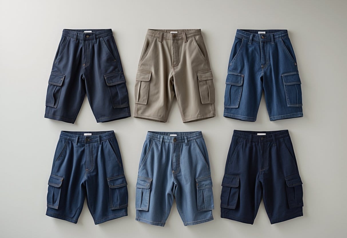 Various types of baggy shorts displayed on a neutral background.