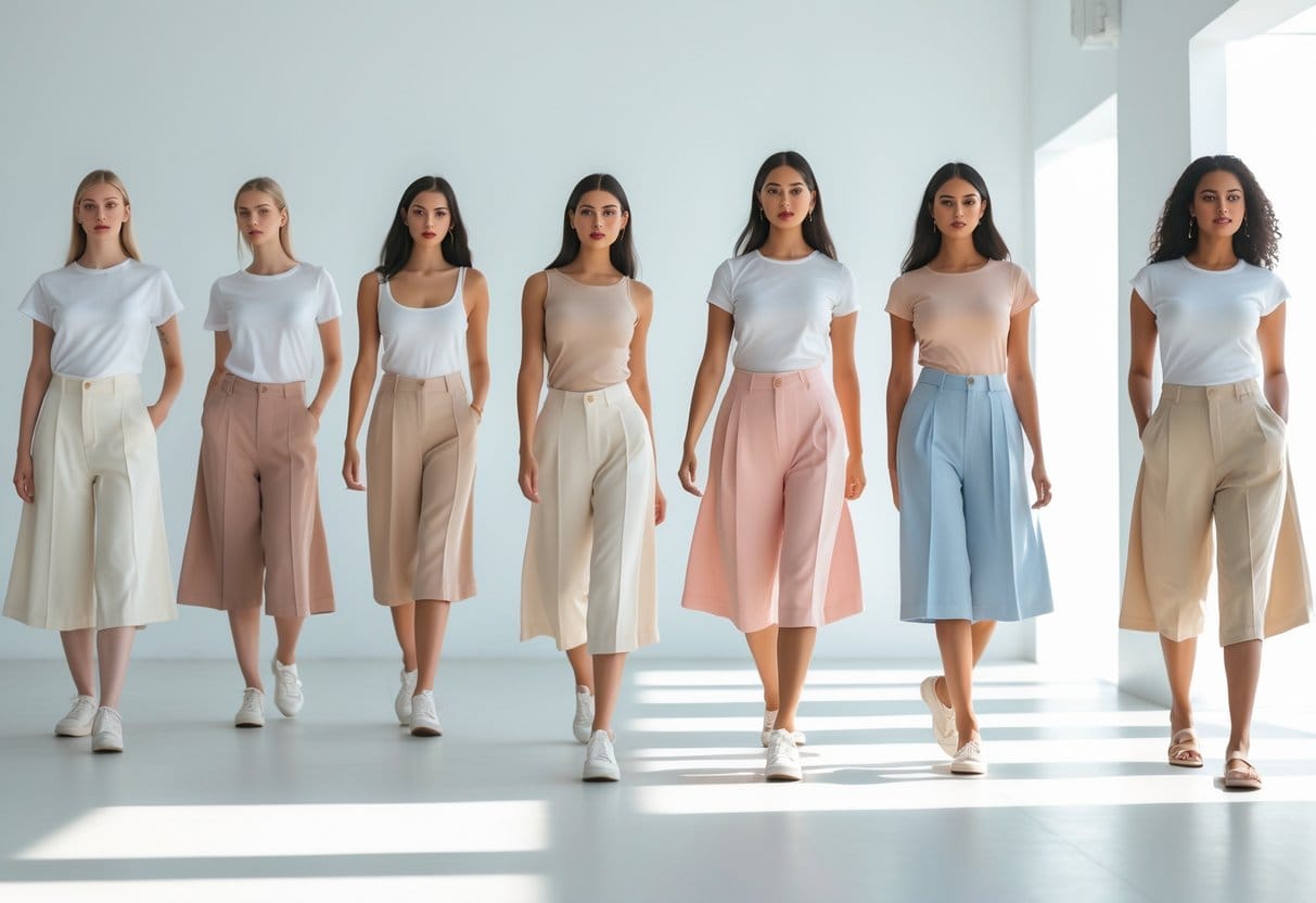 A group of women modeling different styles of culottes shorts in a bright studio.
