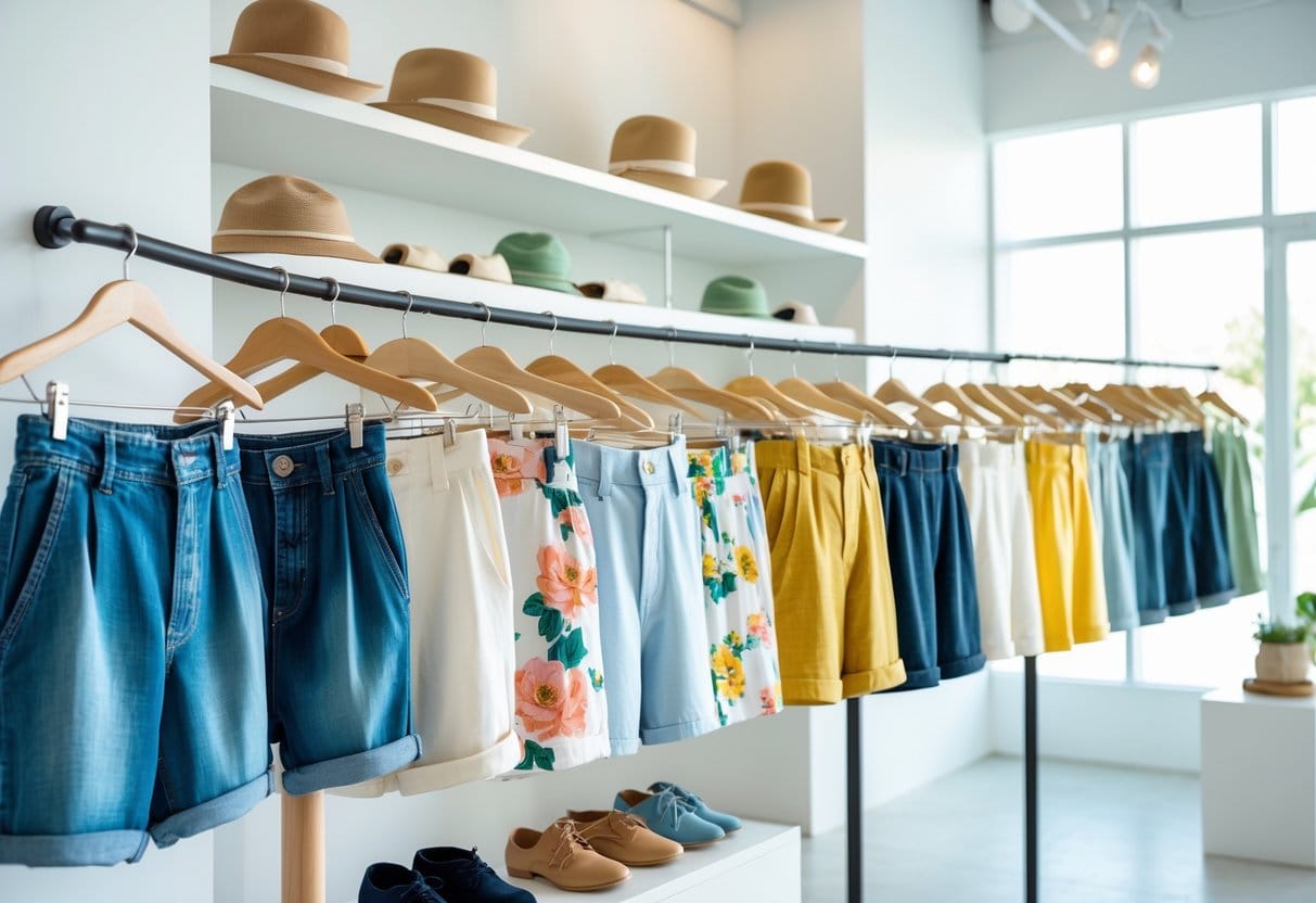 A display of various types of romper shorts arranged on mannequins and hangers in a bright boutique.