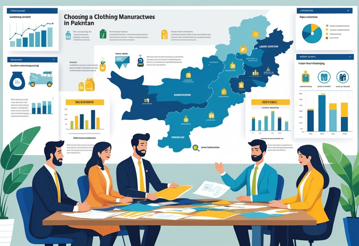 Business professionals discussing clothing manufacturing in an office with fabric samples, garment prototypes, and a map of Pakistan showing factory locations.
