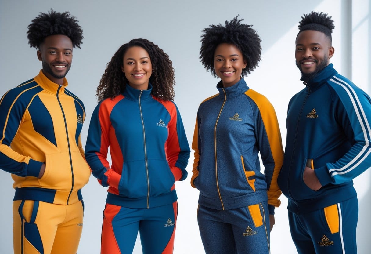 Four people wearing colorful custom tracksuits standing together and smiling in a bright studio.
