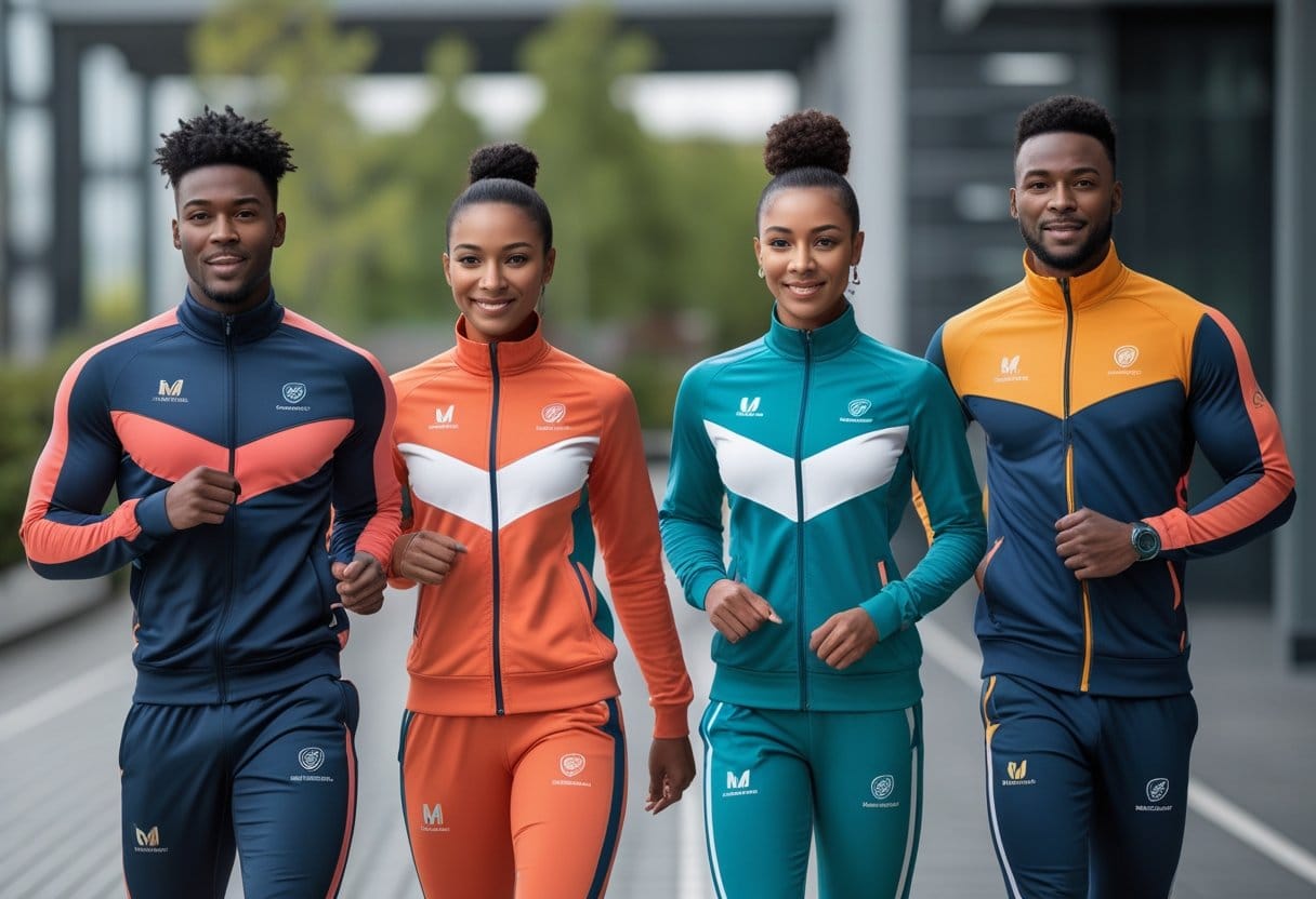 Four athletes wearing colorful custom tracksuits posing outdoors in a city setting.