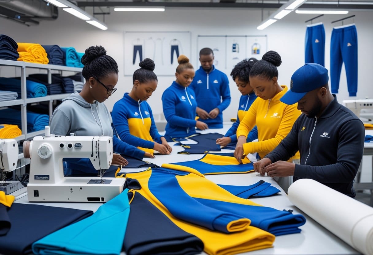 Workers in a manufacturing facility sewing and inspecting custom tracksuits surrounded by fabric and equipment.