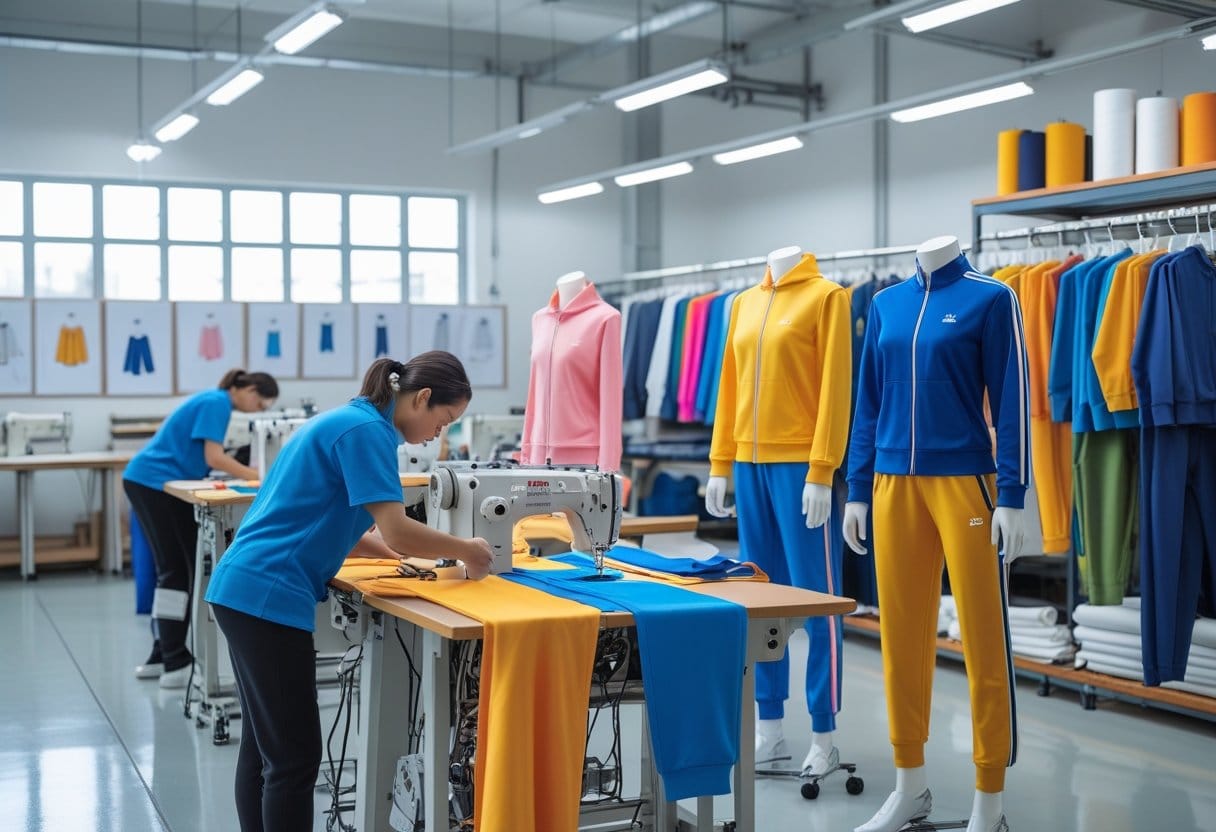 Workers sewing custom tracksuits in a well-lit clothing manufacturing workshop with mannequins displaying finished tracksuits.