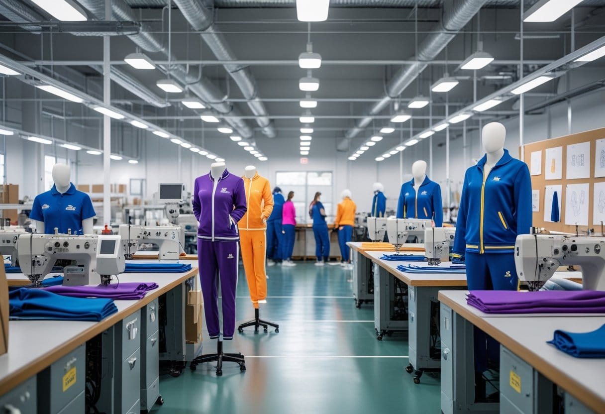 A factory floor with workers sewing and inspecting custom tracksuits displayed on mannequins.