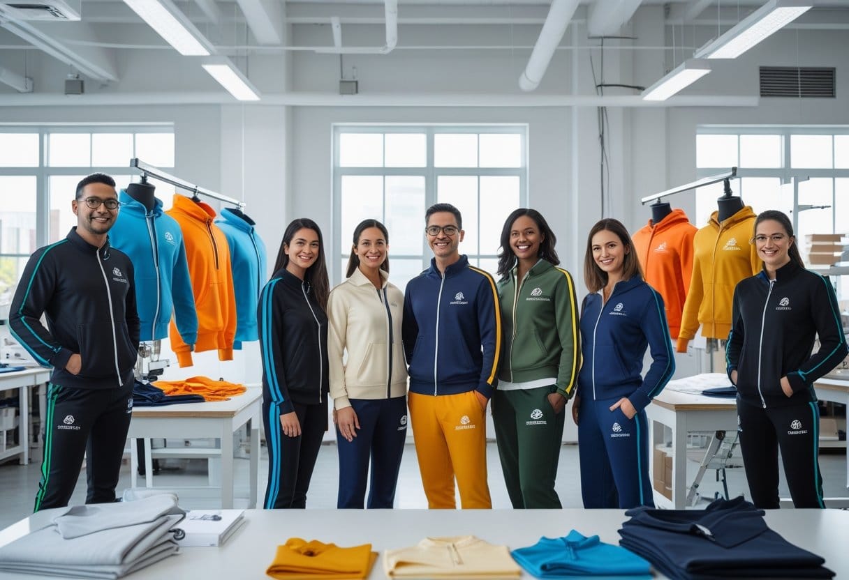 A group of fashion designers working together in a bright studio with custom tracksuits displayed on mannequins and racks.