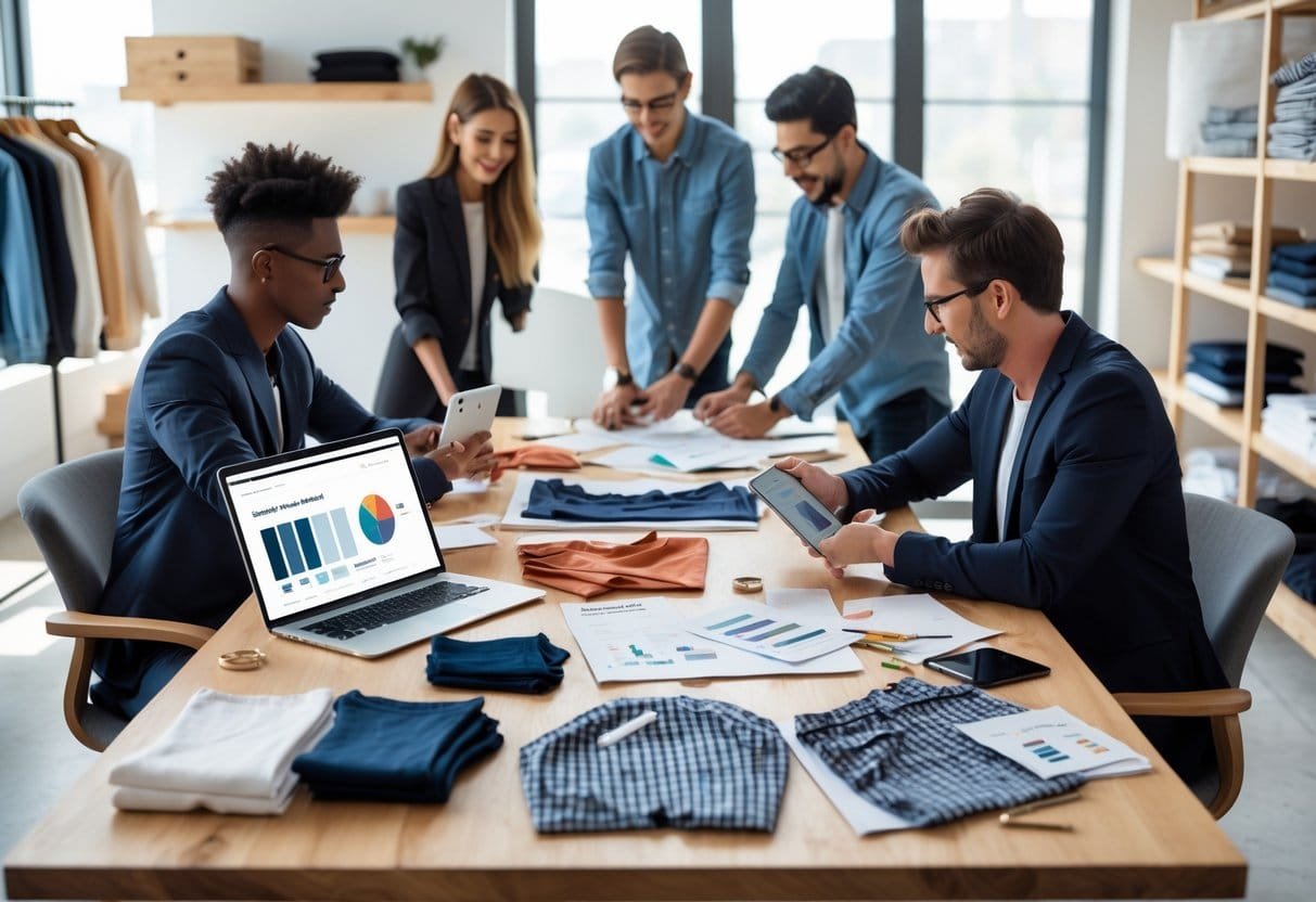 A group of people working together at a table with clothing samples, sketches, and a laptop in a bright workspace.