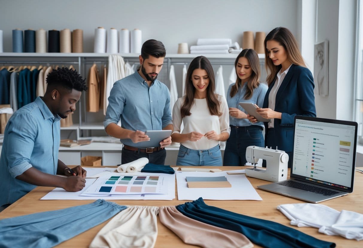 A group of people working together in a fashion studio with clothing designs, fabric samples, and sewing equipment on a table.