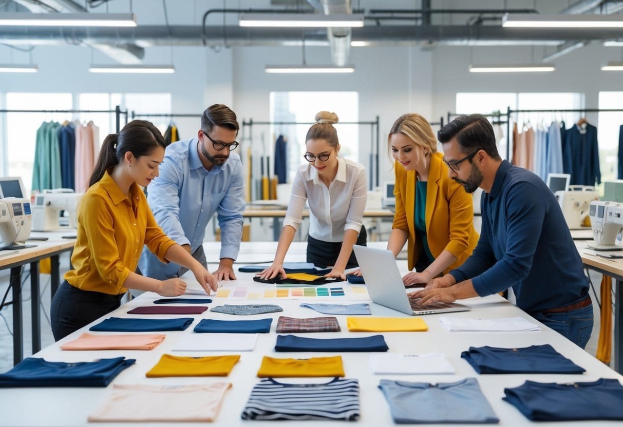 A team of professionals working together in a clothing production workspace with fabric samples, sewing machines, and laptops.