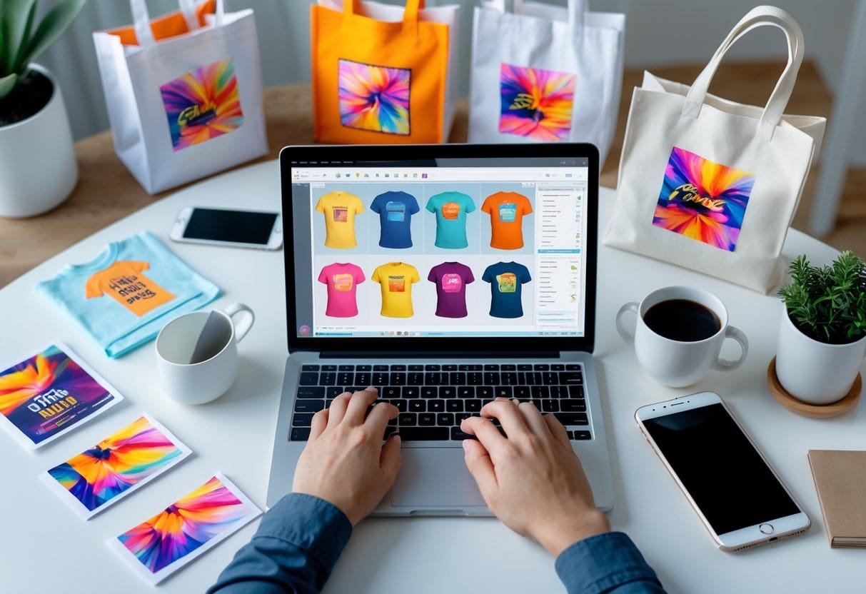 A person working on a laptop surrounded by printed t-shirts, mugs, and tote bags with colorful designs on a clean desk.