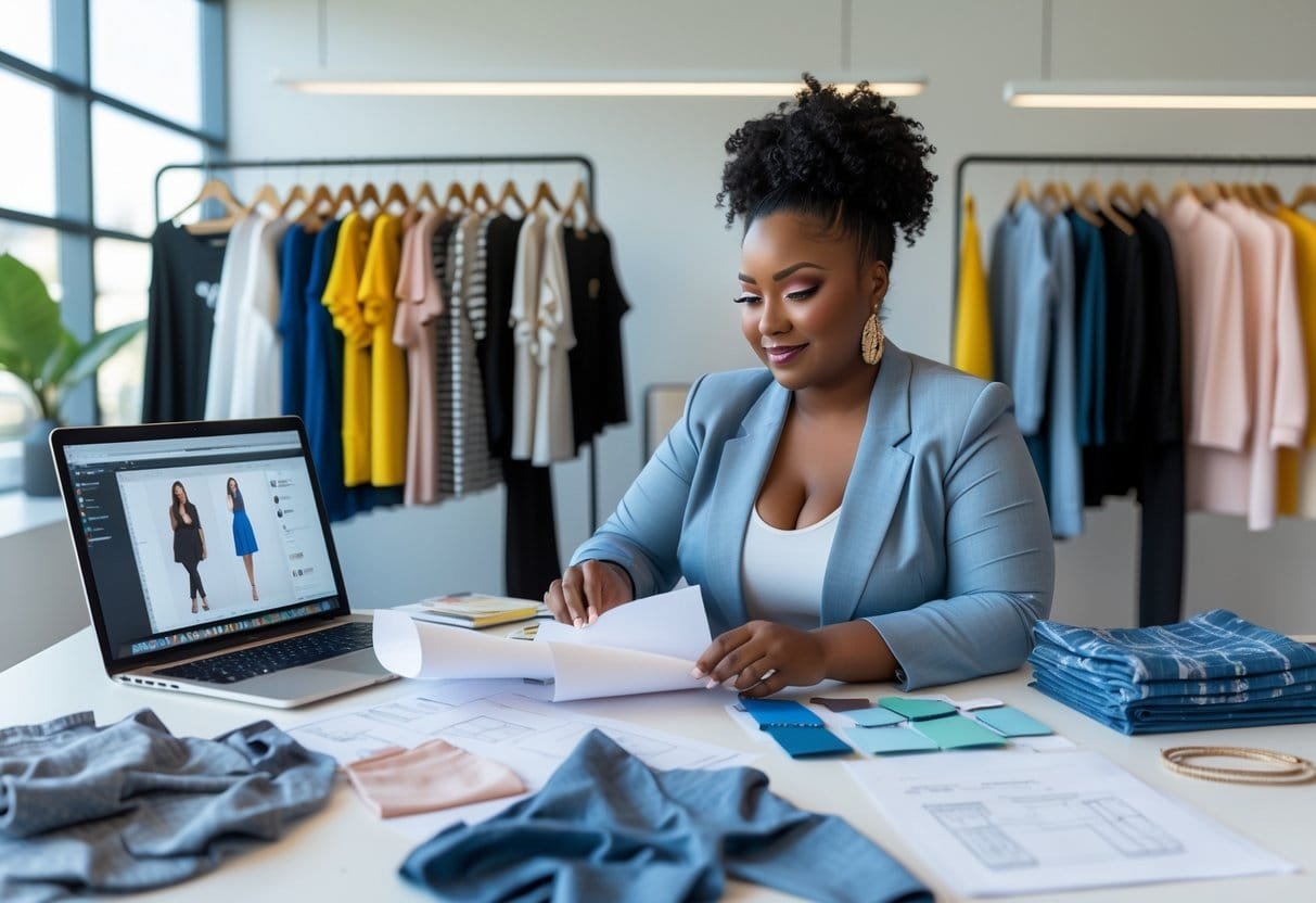 A plus-size woman working at a desk with clothing samples and design materials in an office with racks of plus-size clothes behind her.