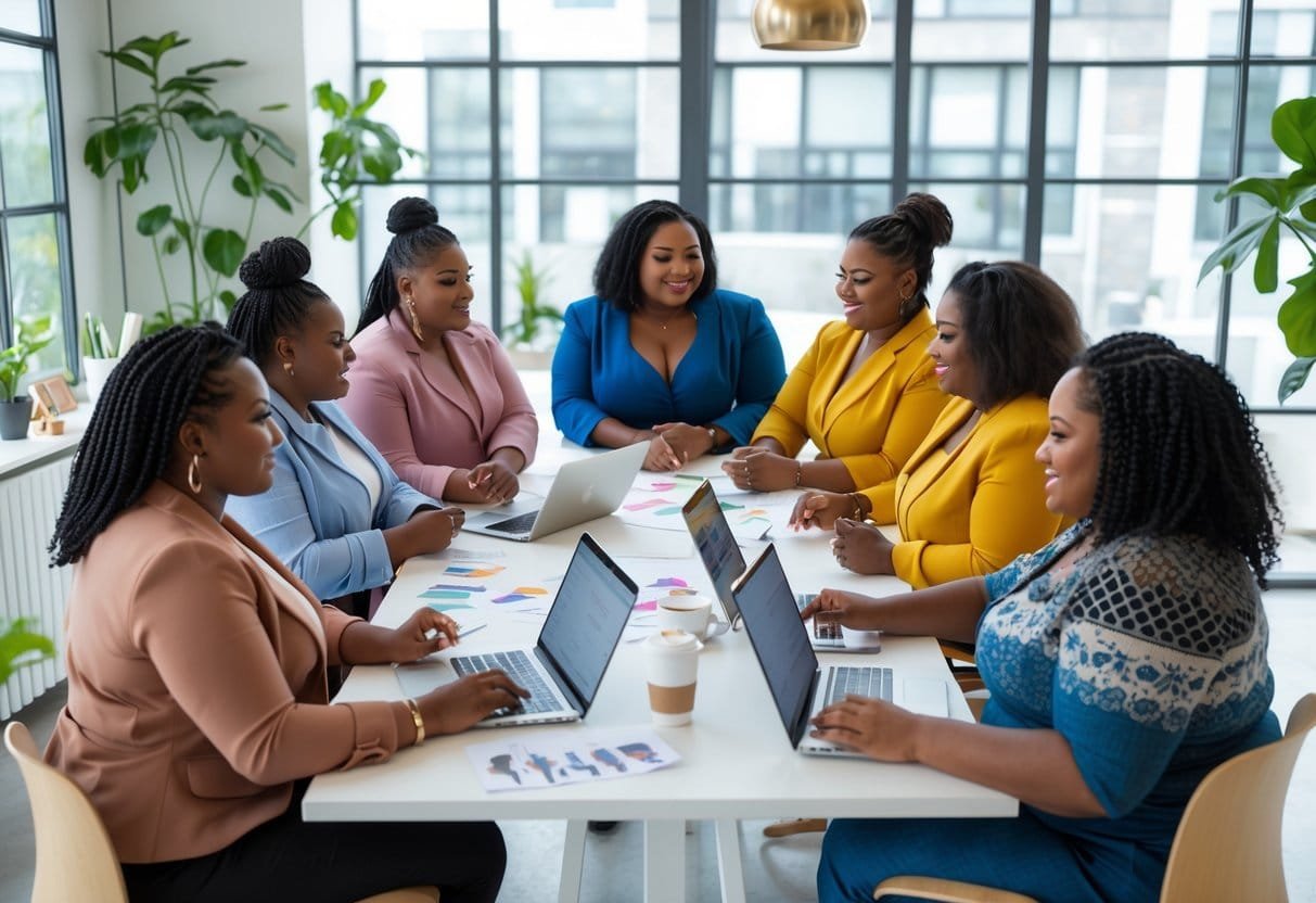 A group of plus-size women collaborating around a table in a bright office, discussing business plans.