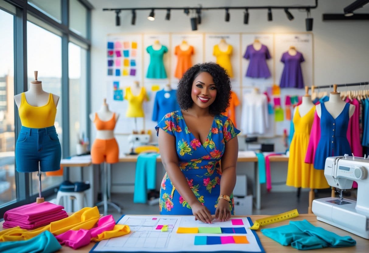A plus-size fashion designer working in a studio surrounded by clothing samples, fabric swatches, and sewing equipment.
