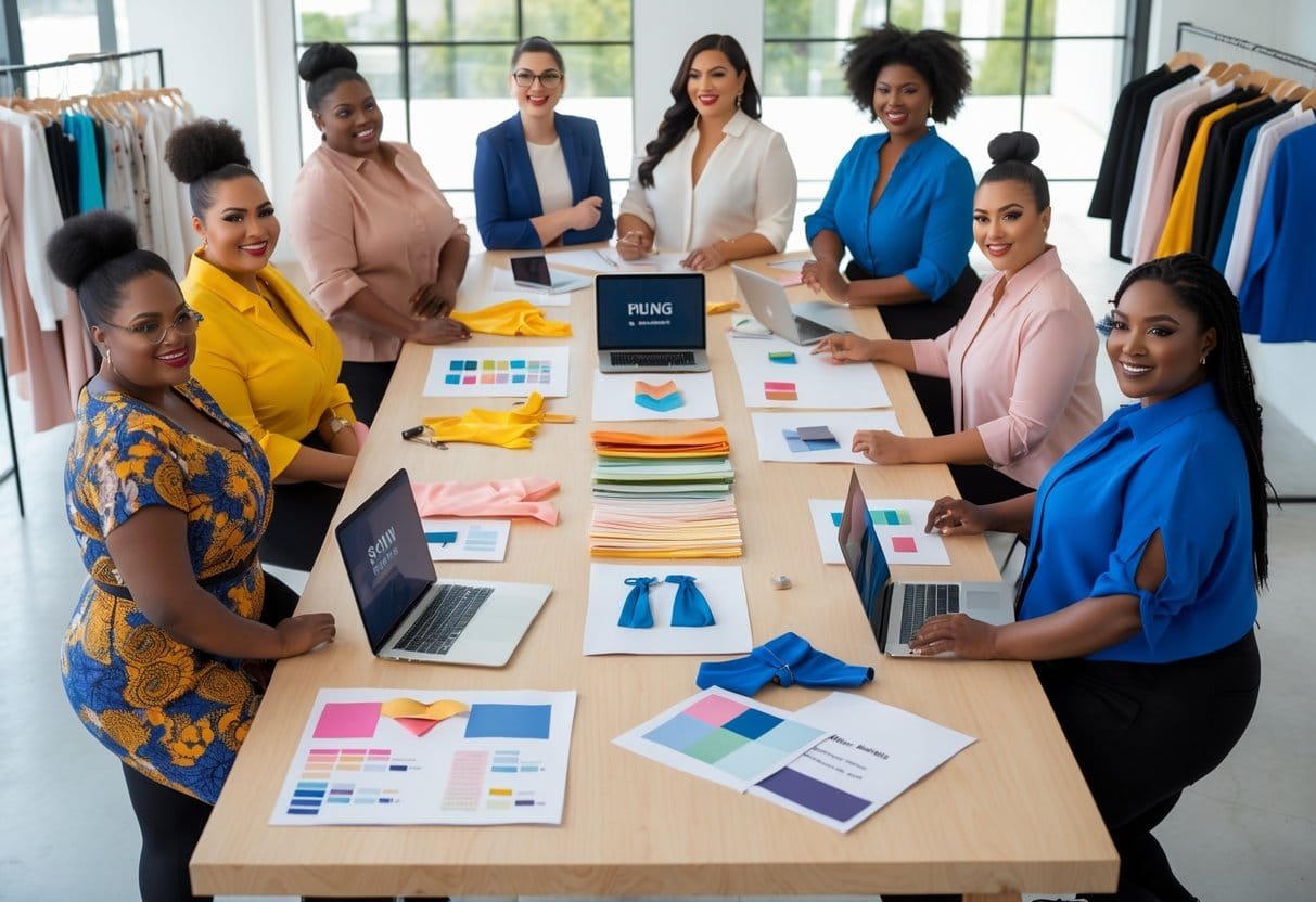 A group of people collaborating around a table with plus-size clothing samples, sketches, and laptops in a bright studio.