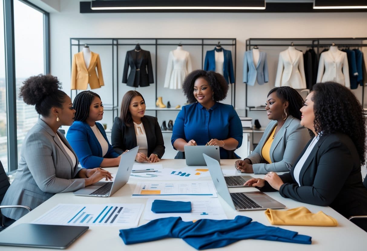 A group of plus-size women working together in an office with laptops, fabric samples, and clothing sketches around a table.