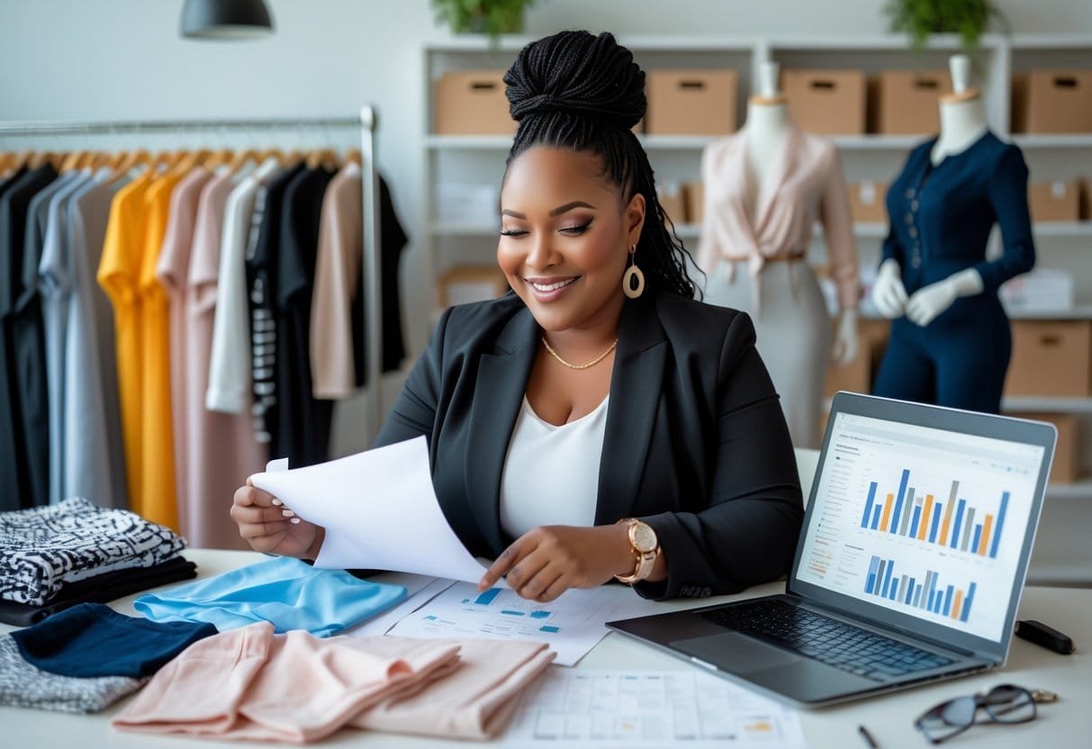 A plus-size woman entrepreneur working in an office surrounded by plus-size clothing and business materials.