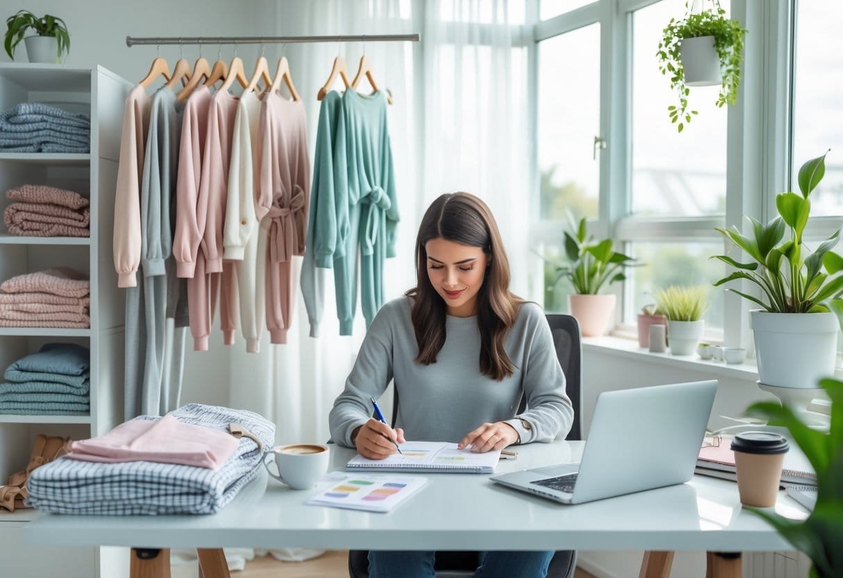 A person working at a desk surrounded by loungewear clothes and design materials in a bright home office.