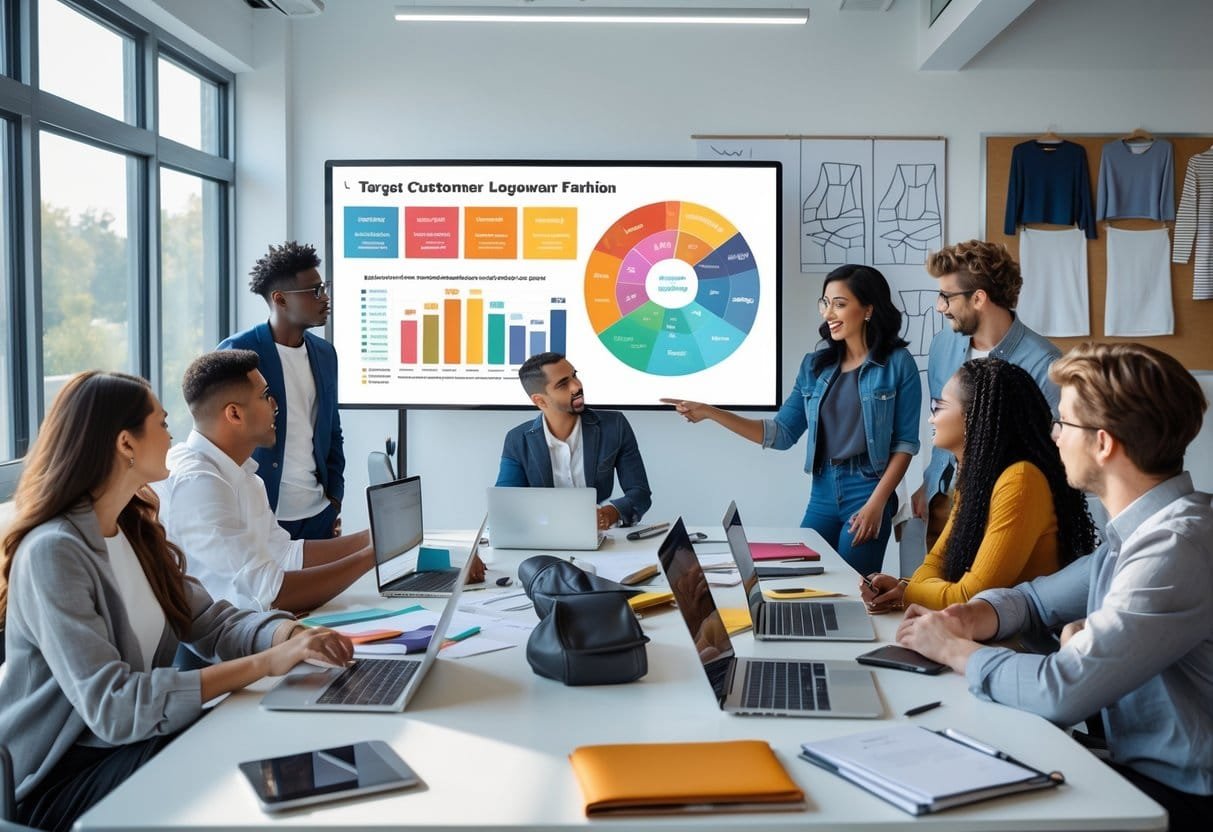 A group of professionals in a modern office discussing market data and customer profiles around a table with laptops and charts.