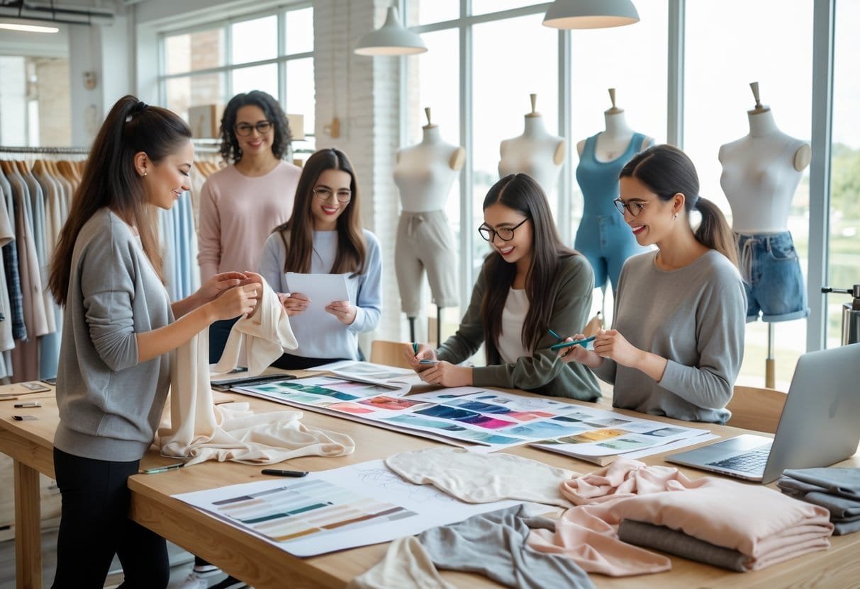 A group of people working together at a table with fabric samples, sketches, and sewing tools in a bright room with mannequins wearing loungewear.