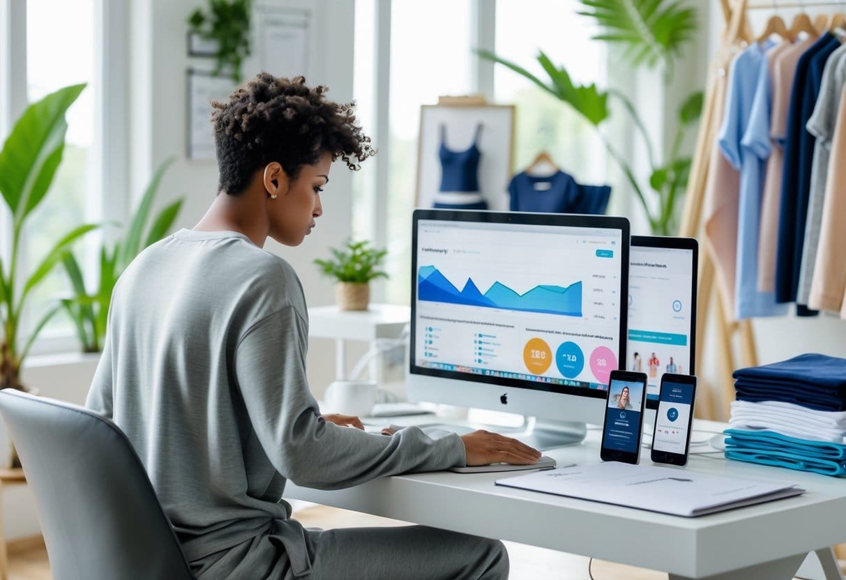 A person in comfortable loungewear working on a laptop at a bright home office desk surrounded by fabric samples and design boards.