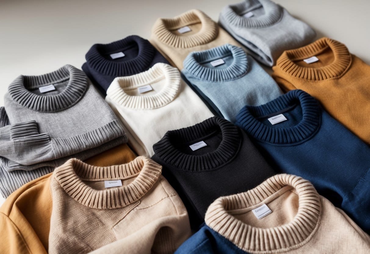 A display of various crewneck sweaters in different colors and styles arranged on a neutral background.