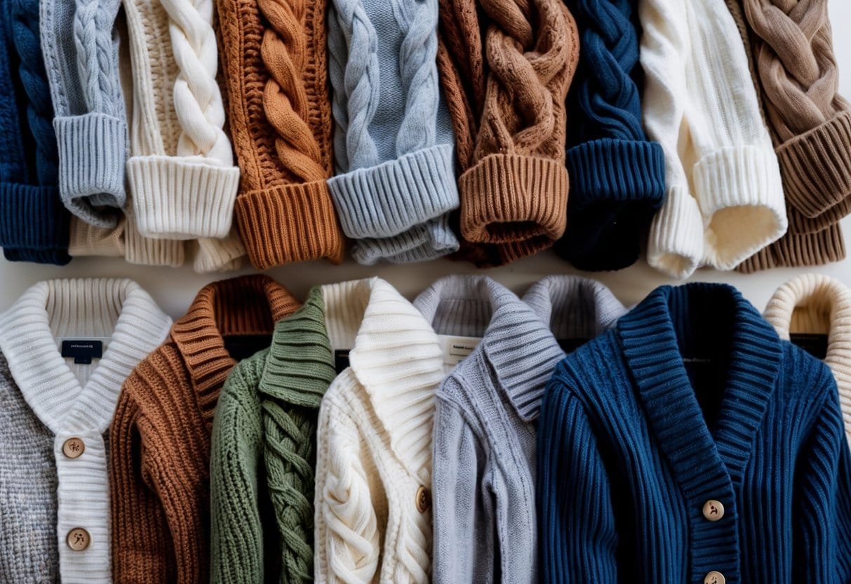 A collection of various types of cardigan sweaters arranged neatly on a plain background.