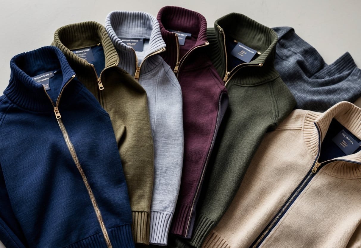 A flat lay of various quarter-zip sweaters in different colors and fabrics arranged on a neutral background.