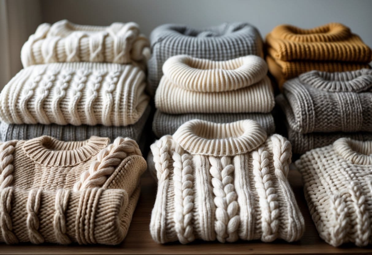 A collection of chunky knit sweaters with different knitting patterns arranged on a wooden table.