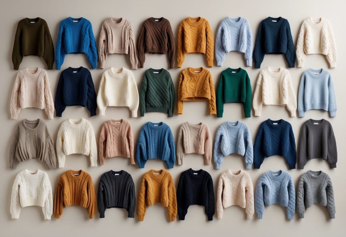 A variety of cropped sweaters in different styles, colors, and textures arranged neatly on a plain background.