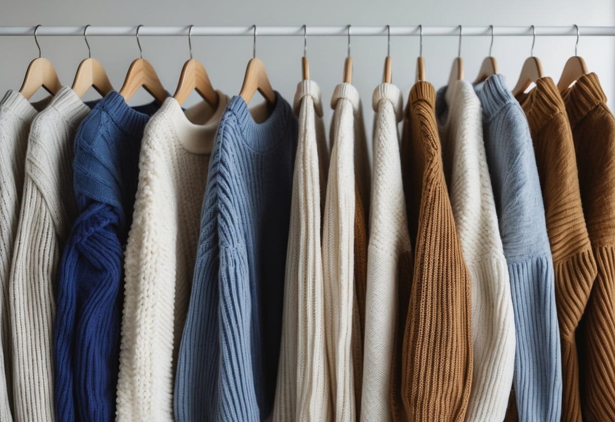 A collection of different oversized sweaters hanging on wooden hangers against a plain background.