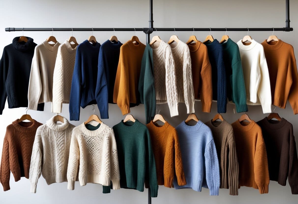 A variety of sweaters in different styles and colors hanging neatly on wooden hangers against a plain background.