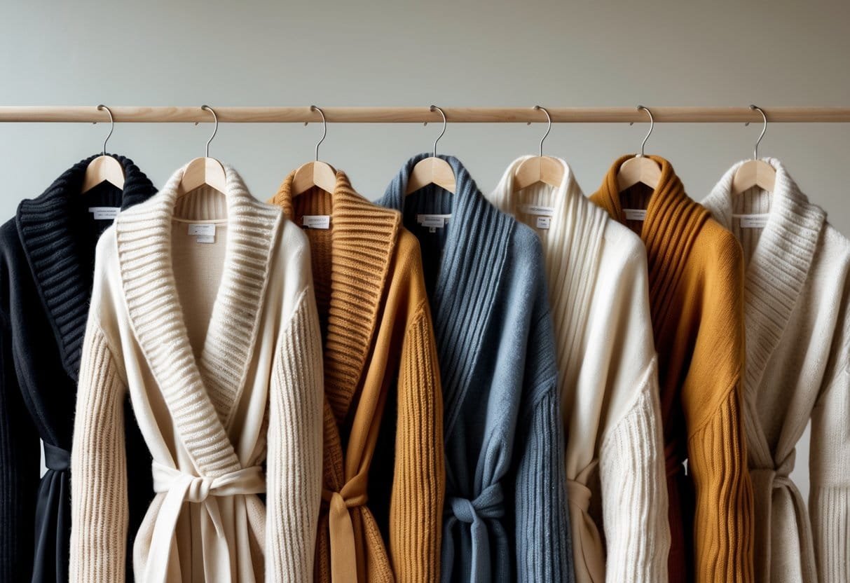A collection of different wrap sweaters hanging on wooden hangers against a neutral background.