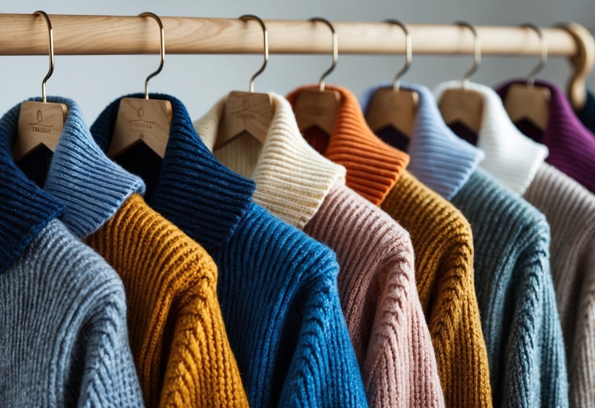 A collection of shawl collar sweaters hanging on wooden hangers against a plain background.