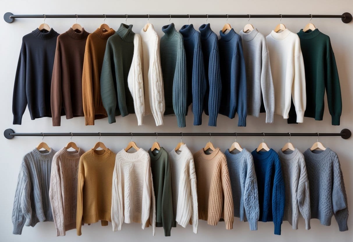A variety of pullover sweaters in different styles and colors arranged neatly on a neutral background.