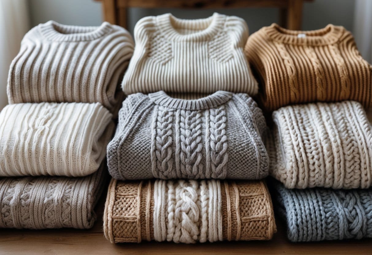 A collection of various textured knit sweaters with different knitting patterns arranged on a wooden surface.