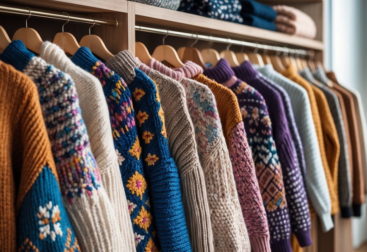 A collection of various sweaters displayed on shelves and hangers, showing different knitting patterns and colors.