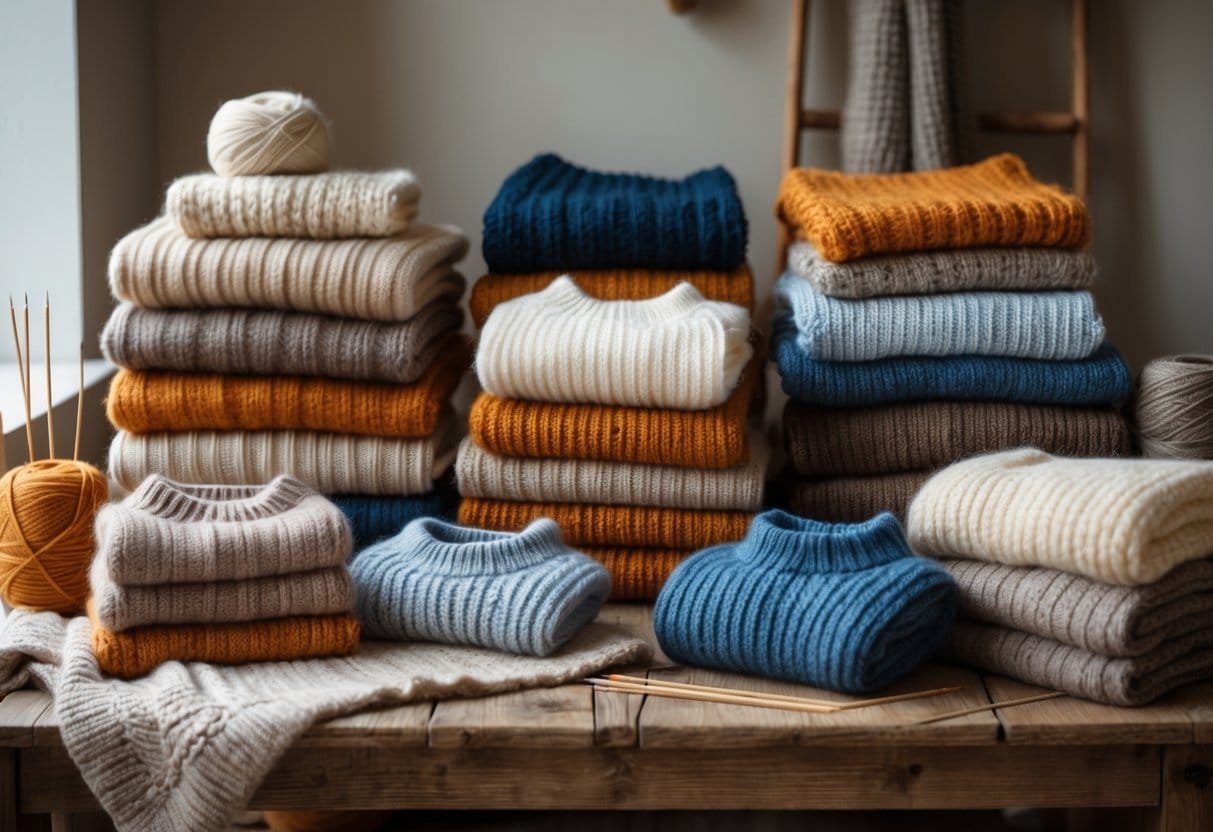 A collection of various alpaca sweaters displayed on a wooden table with knitting materials in the background.