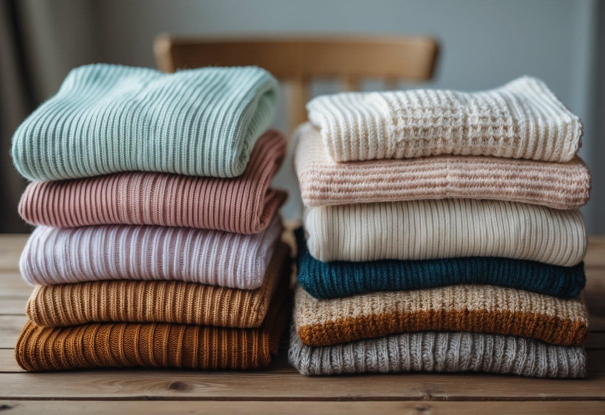 A collection of neatly folded cotton sweaters in different colors and knit patterns arranged on a wooden table.