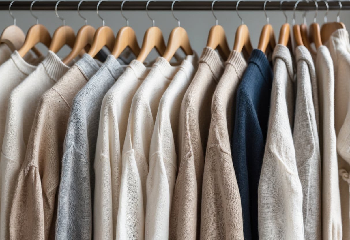 A collection of various linen sweaters hanging neatly on wooden hangers against a plain background.